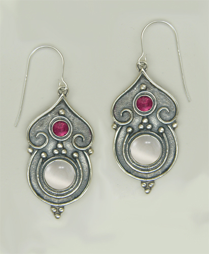 Sterling Silver Gothic Inspired Drop Dangle Earrings With White Moonstone And Pink Tourmaline